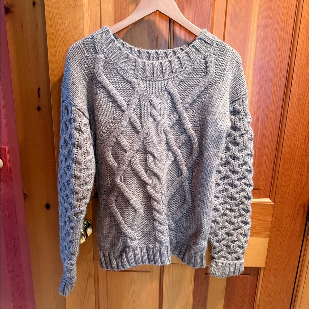 Garnet Hill Heather Cable Knit Alpaca Wool Blend Crewneck Sweater Small
